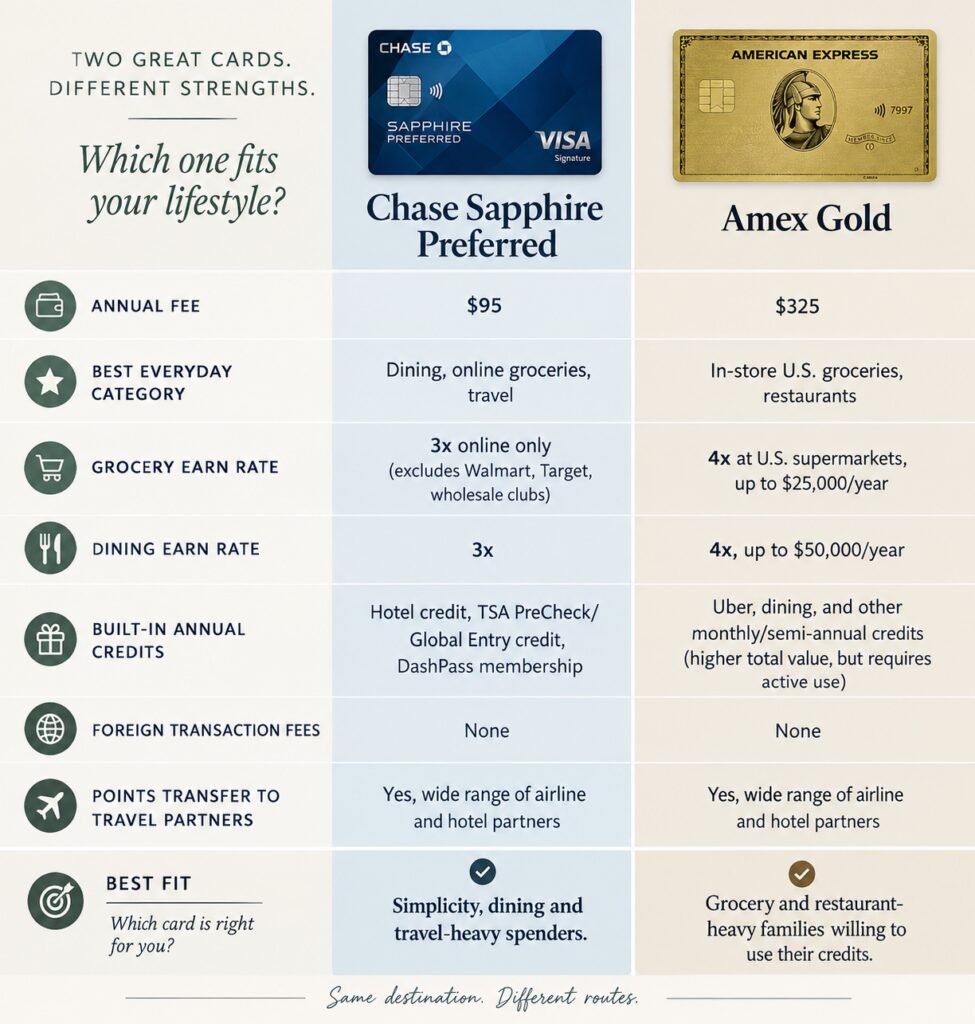 Comparison of Chase Sapphire Preferred and American Express Gold credit cards, showing annual fees, rewards for groceries and dining, travel benefits, credits, and ideal cardholder.